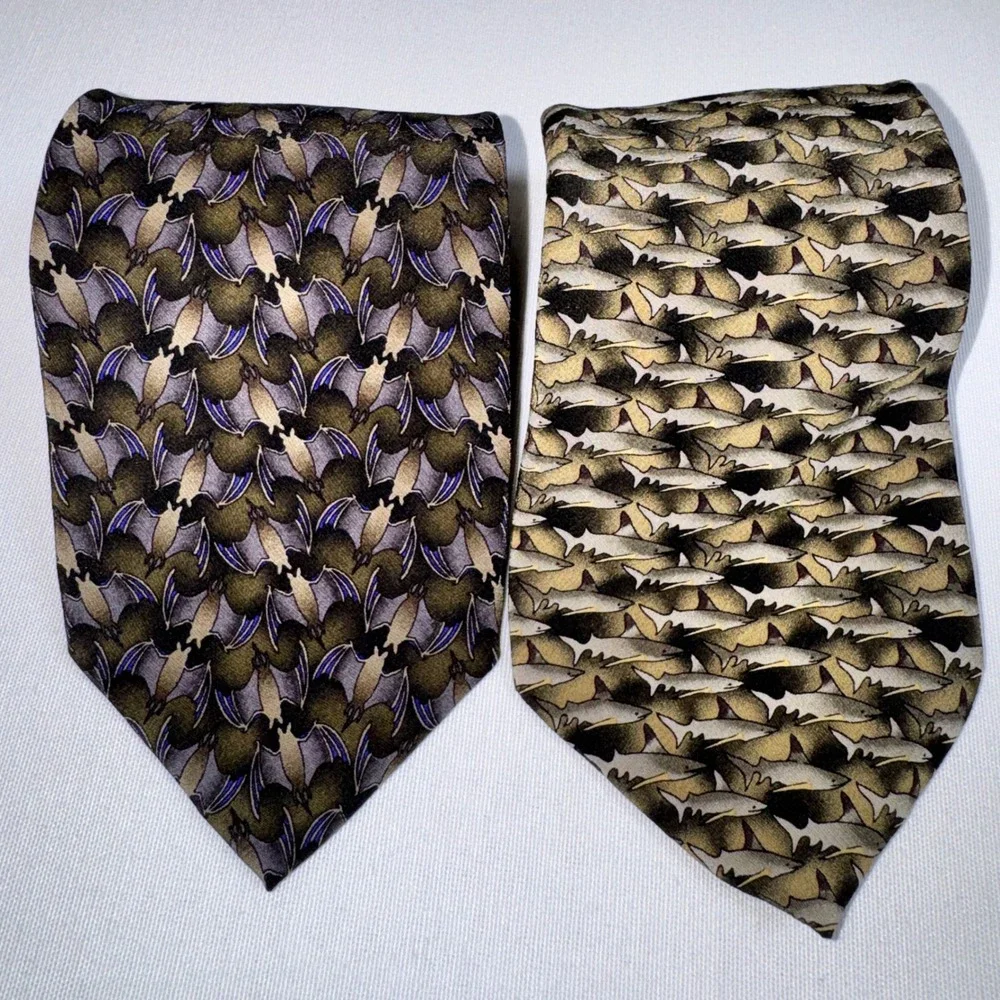 Karen Bierce Nature Conservancy Silk Tie Lot 2 Fruit Bat Dusky‎ Shark Vintage